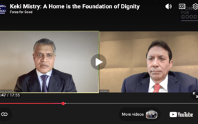 Screenshot of a paused YouTube video titled Keki Mistry: A Home is the Foundation of Dignity. Two men in suits appear on a split-screen video call, discussing how Keki Mistry is a force for good, with the progress bar at 5:47 of 17:55. | esgnews.com