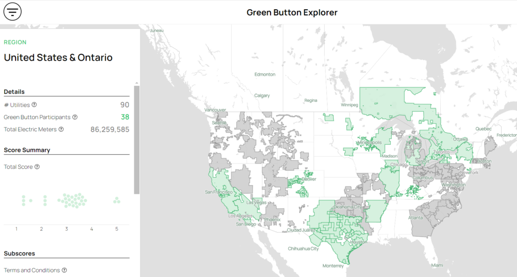 The Green Button Explorer serves as an interactive map that highlights the current state of energy data access across North America.