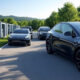 Image of black tesla cars driving in china
