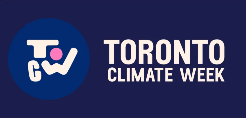 Image of official Toronto Climate Week logo nad icon in reverse white text over blue background