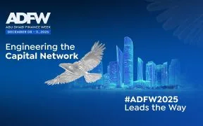 imagem de um pássaro voando sobre Abu Dhabi, com fundo azul com ADFW 2025 definido