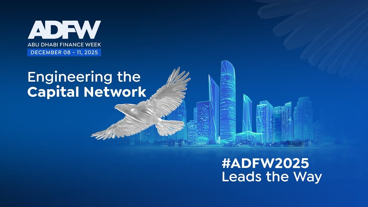 image of a bird, flying over Abu Dhabi, with a blue background with ADFW 2025 defined