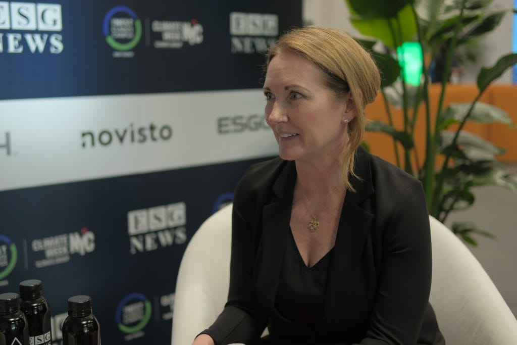 image of ESG News studio with CarbonCure CEO Kristal Kaye in white chair