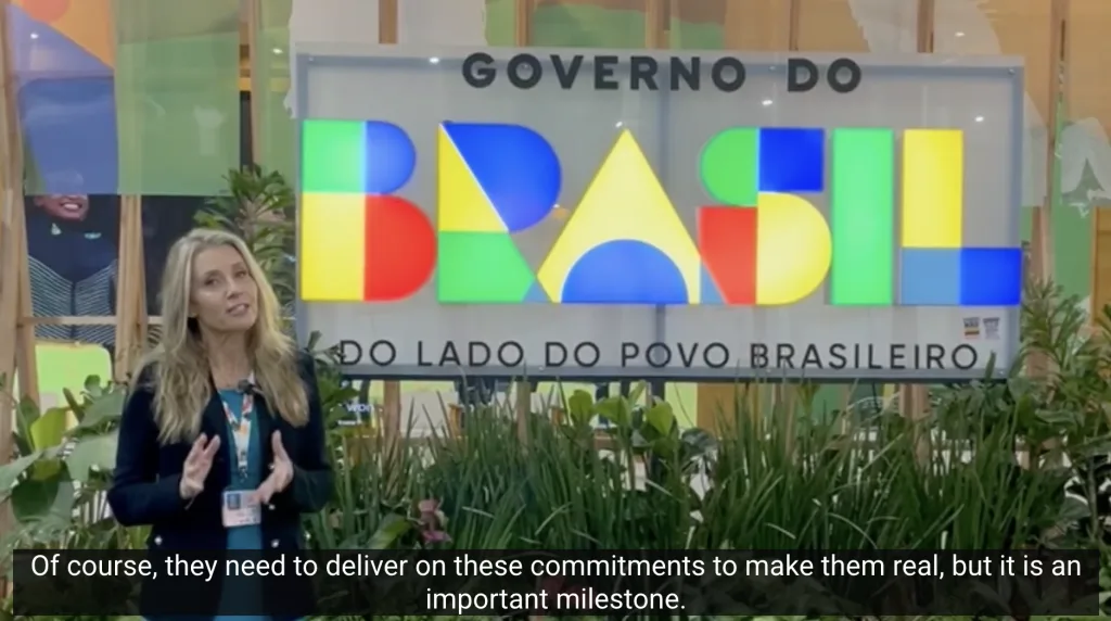 Photo of video clip of Gayle Schueller speaking on UN Global Comapct Network USA channel