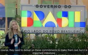 Photo of video clip of Gayle Schueller speaking on UN Global Comapct Network USA channel