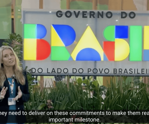 Photo of video clip of Gayle Schueller speaking on UN Global Comapct Network USA channel