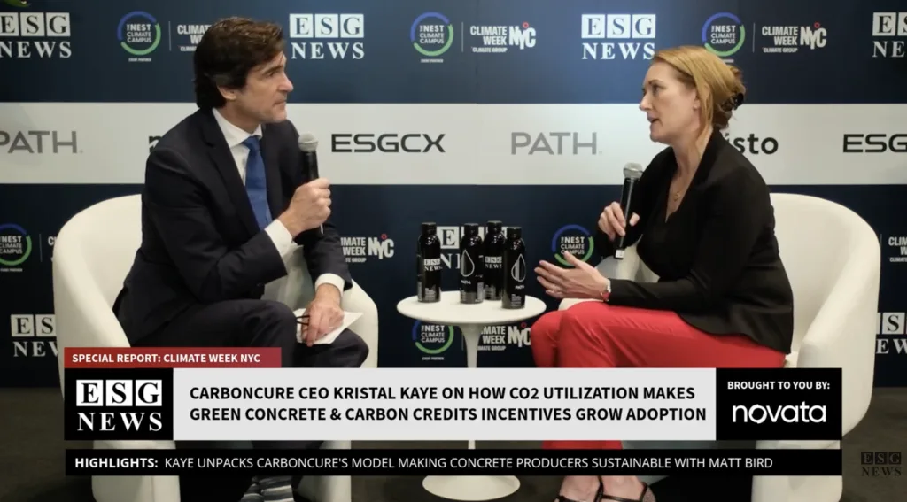 ESG News host Matt Bird with Carboncure CEO Kristal Kaye in studio at Climate Week NYC