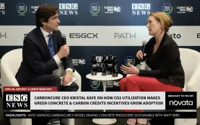 ESG News host Matt Bird with Carboncure CEO Kristal Kaye in studio at Climate Week NYC