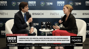 ESG News host Matt Bird with Carboncure CEO Kristal Kaye in studio at Climate Week NYC