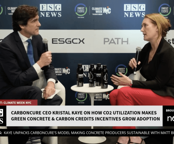 ESG News host Matt Bird with Carboncure CEO Kristal Kaye in studio at Climate Week NYC