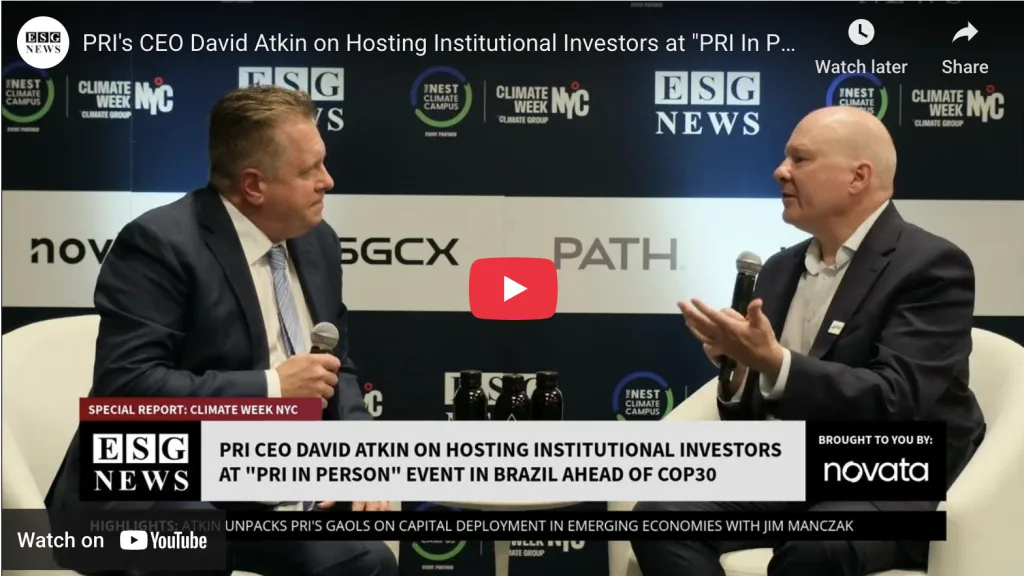 Jim Manczak sitting in the ESG News studio interviewing David Atkin CEO of PRI