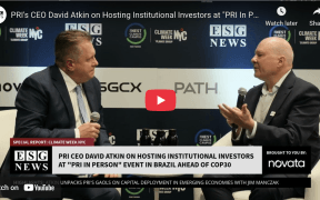 Jim Manczak sitting in the ESG News studio interviewing David Atkin CEO of PRI