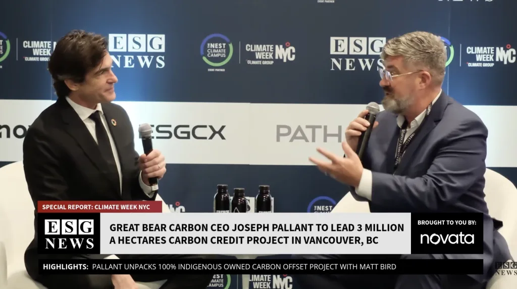 ESG News studio with host Matt Bird and guest Joseph Pallant sitting in front of Climate Week NYC backdrop.