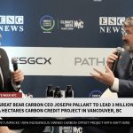 ESG News studio with host Matt Bird and guest Joseph Pallant sitting in front of Climate Week NYC backdrop.