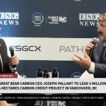 ESG News studio with host Matt Bird and guest Joseph Pallant sitting in front of Climate Week NYC backdrop.