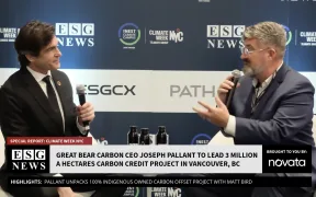 ESG News studio with host Matt Bird and guest Joseph Pallant sitting in front of Climate Week NYC backdrop.
