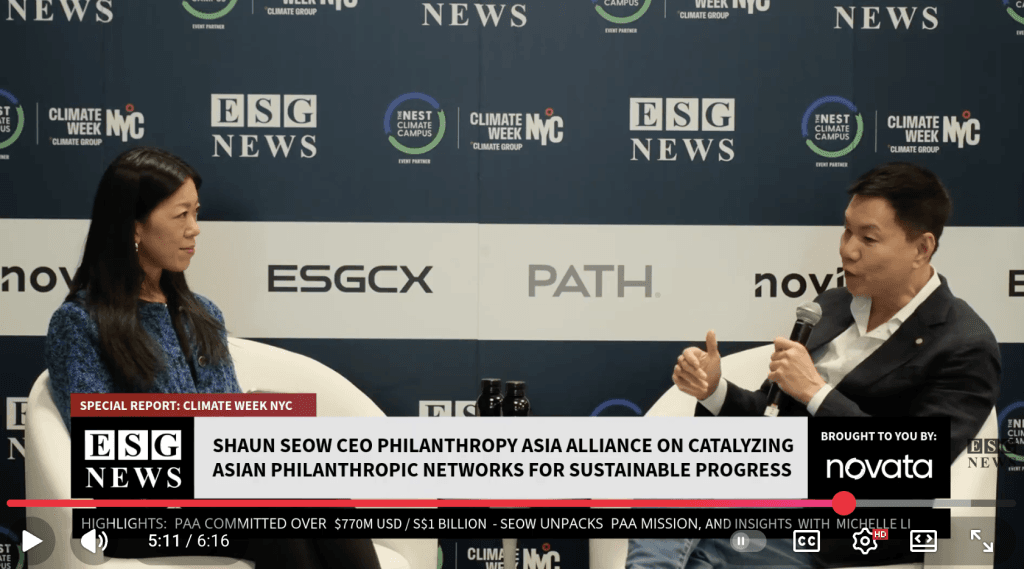 Image of ESG News studio with Shaun Seow and Michelle Li speaking