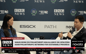 Image of ESG News studio with Shaun Seow and Michelle Li speaking