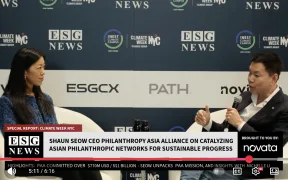 Image of ESG News studio with Shaun Seow and Michelle Li speaking