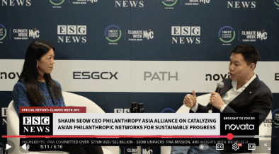 Image of ESG News studio with Shaun Seow and Michelle Li speaking