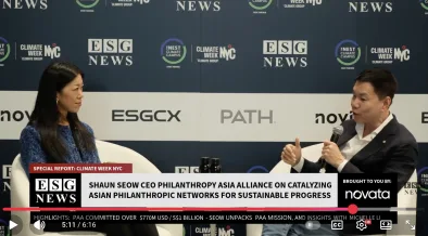 Image of ESG News studio with Shaun Seow and Michelle Li speaking