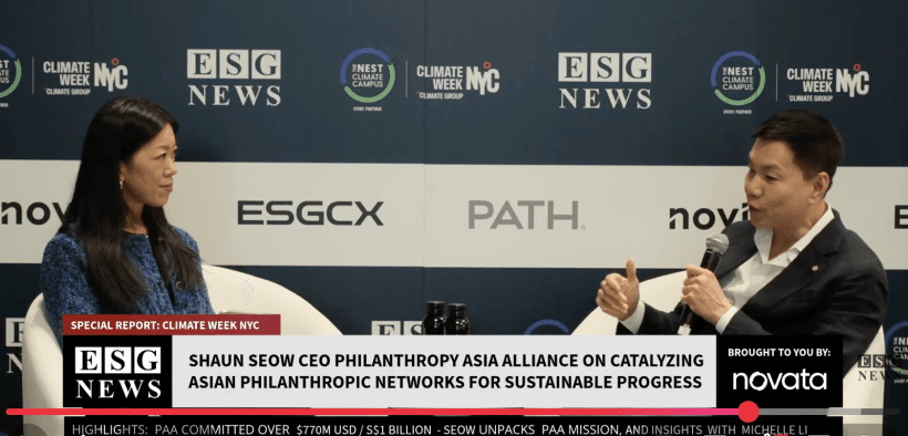 Image of ESG News studio with Shaun Seow and Michelle Li speaking