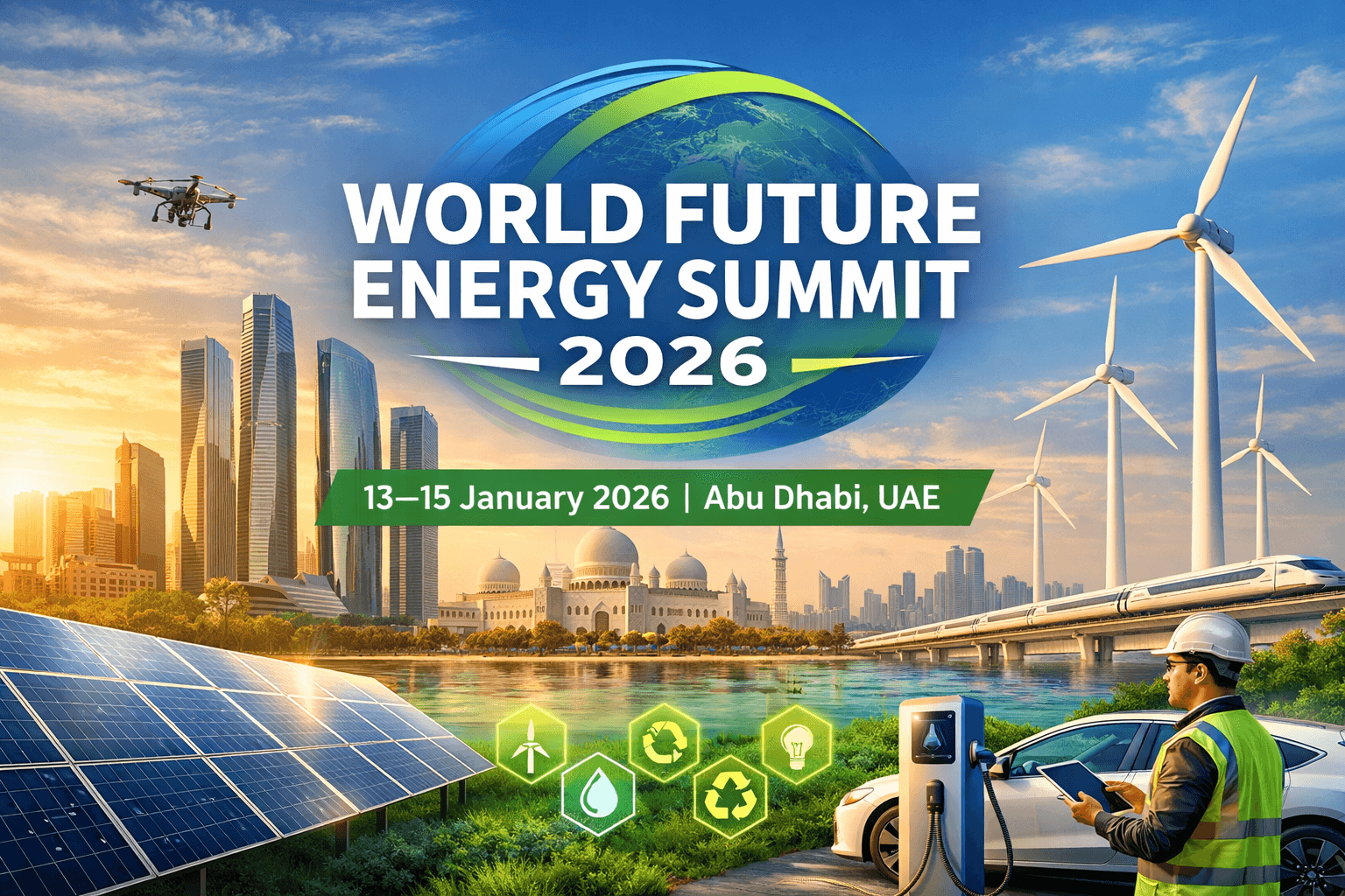 image of energy transition future repersnting solar, EV, wind at World Future Energy Summit (WFES) 2026