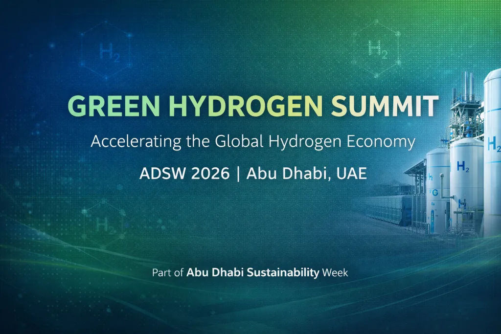 green and aqua blue background event card for Green Hydrogen Summit event card