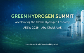 green and aqua blue background event card for Green Hydrogen Summit event card