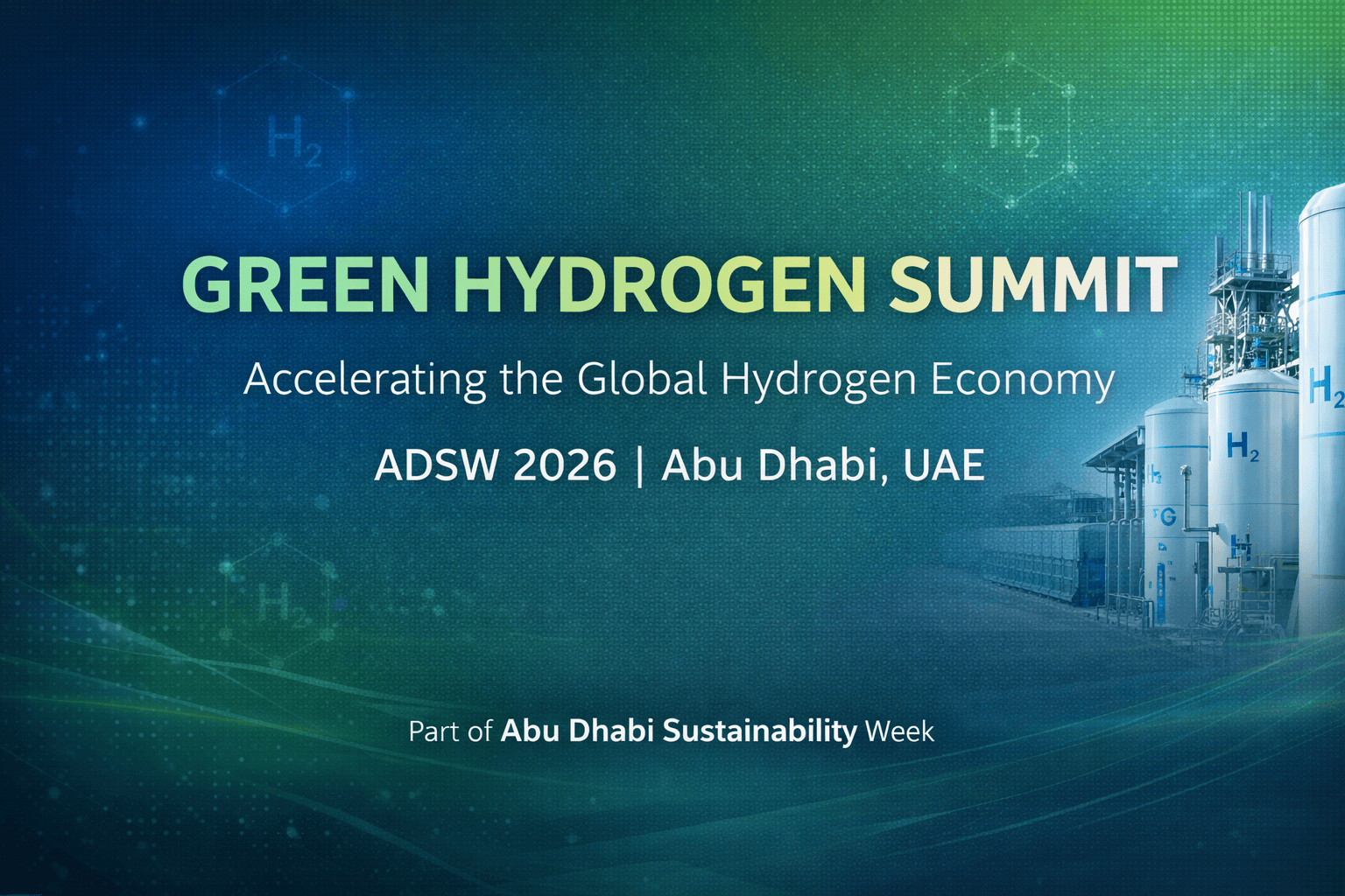 green and aqua blue background event card for Green Hydrogen Summit event card