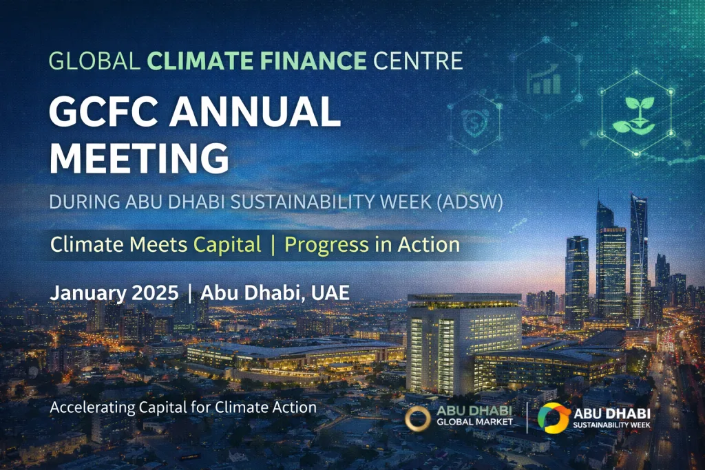 Blue background image of Abu Dhabi at night with Global Climate Finance Centre (GCFC) Annual Meeting event details