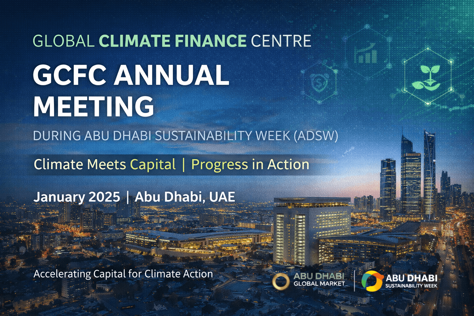 Blue background image of Abu Dhabi at night with Global Climate Finance Centre (GCFC) Annual Meeting event details