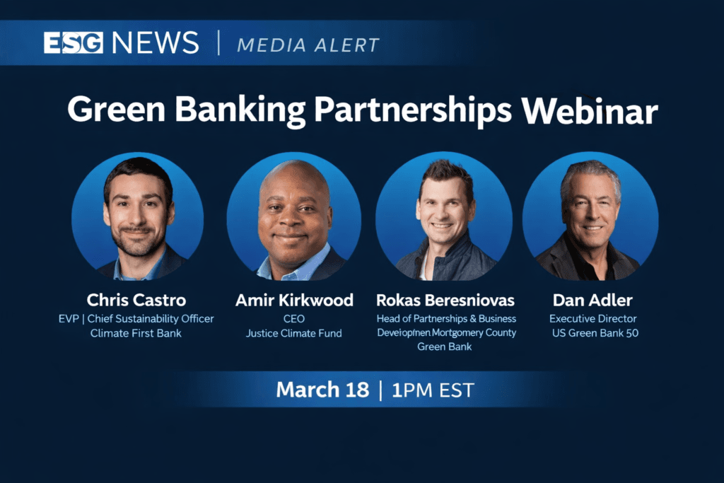 Green Banking Partnerships Webinar hosted by Climate First Bank featuring Chris Castro, Amir Kirkwood, Rokas Beresniovas, and Dan Adler on March 18 at 1 PM EST