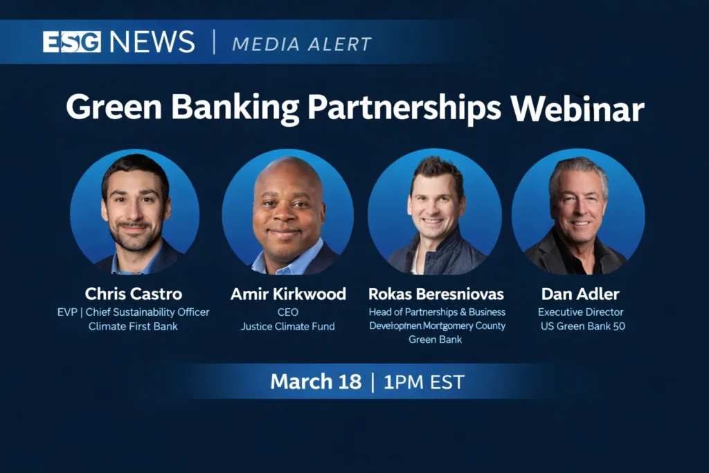 Green Banking Partnerships Webinar hosted by Climate First Bank featuring Chris Castro, Amir Kirkwood, Rokas Beresniovas, and Dan Adler on March 18 at 1 PM EST