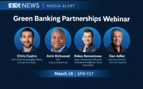 Green Banking Partnerships Webinar hosted by Climate First Bank featuring Chris Castro, Amir Kirkwood, Rokas Beresniovas, and Dan Adler on March 18 at 1 PM EST