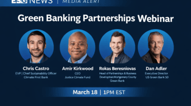 Green Banking Partnerships Webinar hosted by Climate First Bank featuring Chris Castro, Amir Kirkwood, Rokas Beresniovas, and Dan Adler on March 18 at 1 PM EST