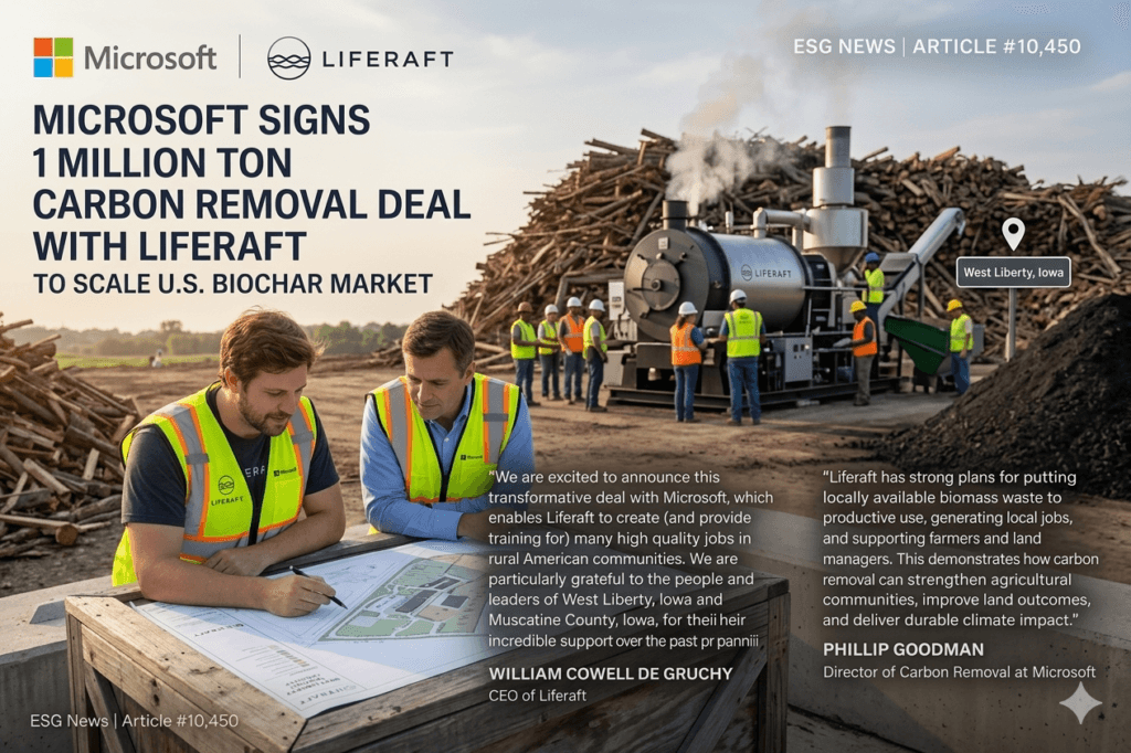 ESG News Feature Image for Article #10,450: Microsoft and Liferaft 1 million ton carbon removal deal. William Cowell de Gruchy (CEO of Liferaft) and Phillip Goodman (Microsoft) review plans at a biochar facility in West Liberty, Iowa, alongside quotes on rural job creation and sustainable agriculture.