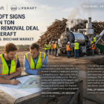 ESG News Feature Image for Article #10,450: Microsoft and Liferaft 1 million ton carbon removal deal. William Cowell de Gruchy (CEO of Liferaft) and Phillip Goodman (Microsoft) review plans at a biochar facility in West Liberty, Iowa, alongside quotes on rural job creation and sustainable agriculture.