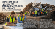 ESG News Feature Image for Article #10,450: Microsoft and Liferaft 1 million ton carbon removal deal. William Cowell de Gruchy (CEO of Liferaft) and Phillip Goodman (Microsoft) review plans at a biochar facility in West Liberty, Iowa, alongside quotes on rural job creation and sustainable agriculture.