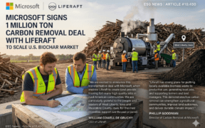 ESG News Feature Image for Article #10,450: Microsoft and Liferaft 1 million ton carbon removal deal. William Cowell de Gruchy (CEO of Liferaft) and Phillip Goodman (Microsoft) review plans at a biochar facility in West Liberty, Iowa, alongside quotes on rural job creation and sustainable agriculture.