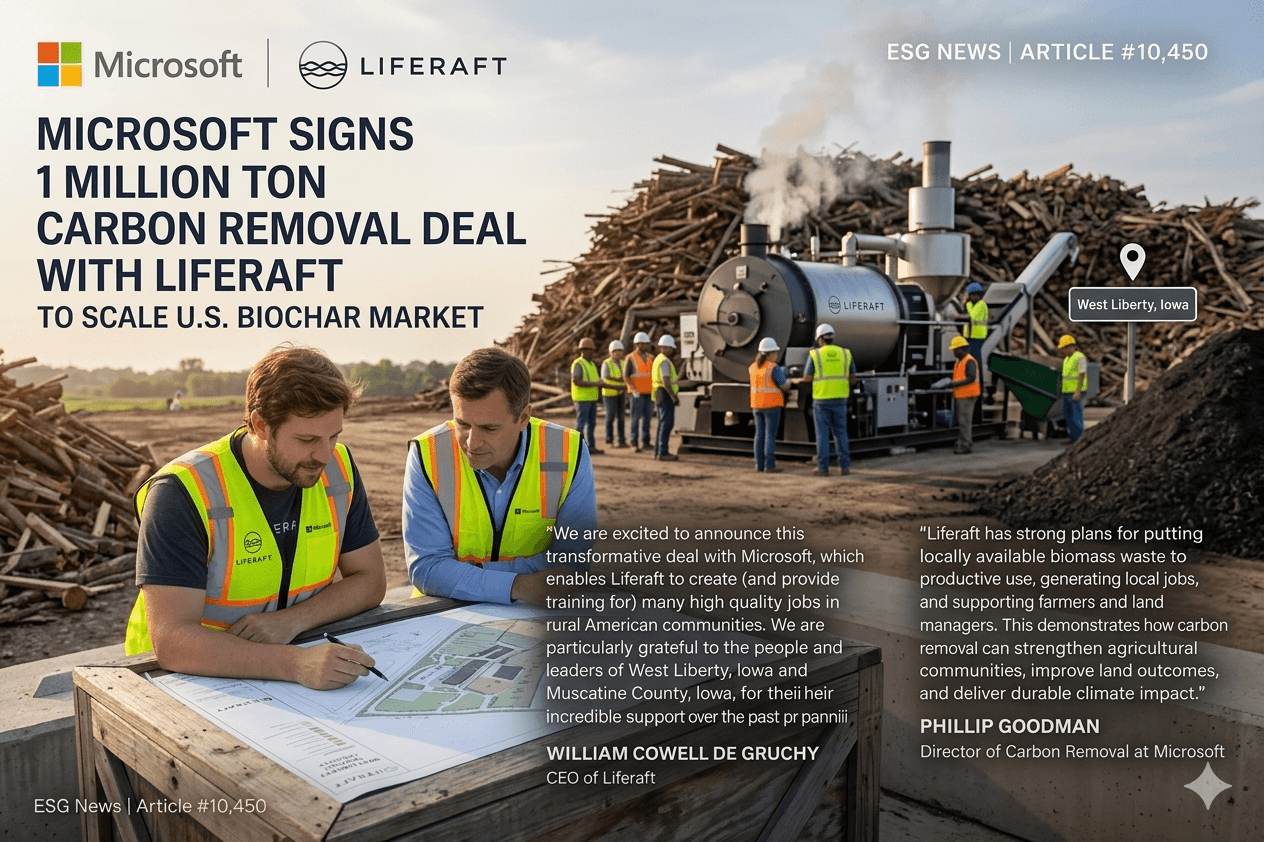 ESG News Feature Image for Article #10,450: Microsoft and Liferaft 1 million ton carbon removal deal. William Cowell de Gruchy (CEO of Liferaft) and Phillip Goodman (Microsoft) review plans at a biochar facility in West Liberty, Iowa, alongside quotes on rural job creation and sustainable agriculture.