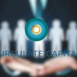 Businessperson presenting Circulate Capital Asia Fund logo, with colleagues in background, highlighting circular economy focus.