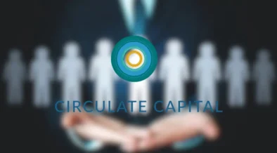 Businessperson presenting Circulate Capital Asia Fund logo, with colleagues in background, highlighting circular economy focus.