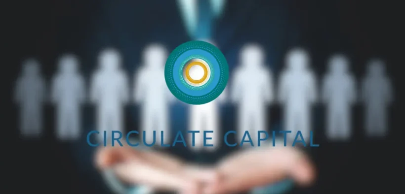 Businessperson presenting Circulate Capital Asia Fund logo, with colleagues in background, highlighting circular economy focus.