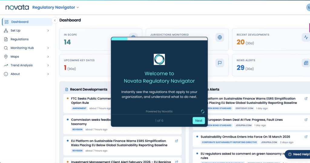 live screenshot of Novata Regulatory Navigator interface